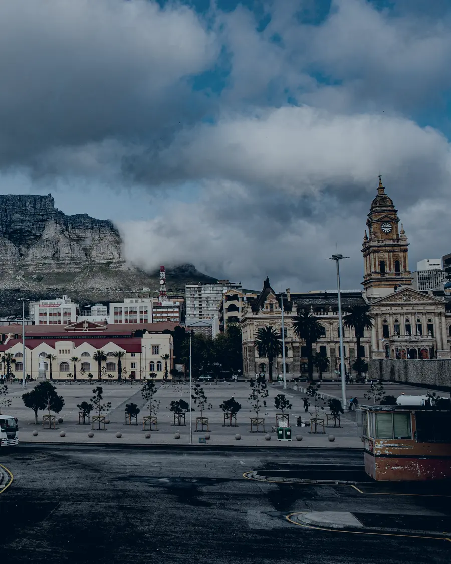 The City Hall clock tower against Table Mountain, Cape Town